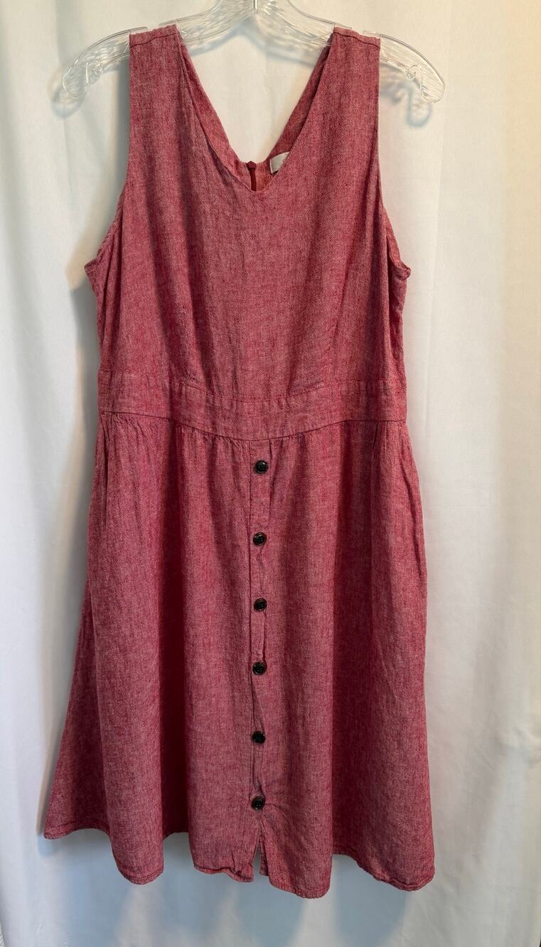 cj banks | Red Linen-Blend A-Line Dress V-neckline Sleeveless Cut Button-front